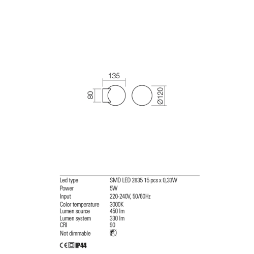 REDO APPLIQUE BILIA 5W 3000K D.12CM VETRO OPALINO/CROMO - immagine 2