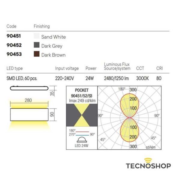 REDO APPLIQUE LED "POCKET" 24W 3000K 280mm IP54 GRIGIO SCURO - immagine 2
