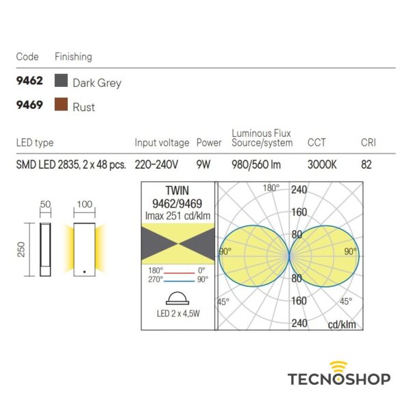 REDO PALETTO LED "TWIN" BIEMISSIONE H.25cm 9W 3000K 560LM GRIGIO - immagine 2