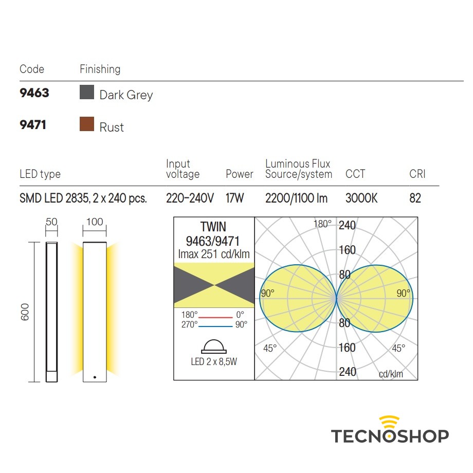 REDO PALETTO LED "TWIN" BIEMISSIONE H=60cm 17W 3000K GRIGIO - immagine 3
