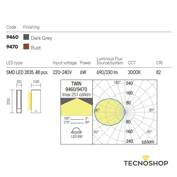 REDO PALETTO LED "TWIN" MONOEMISSIONE H=25cm 6W 3000K RUGGINE - immagine 2