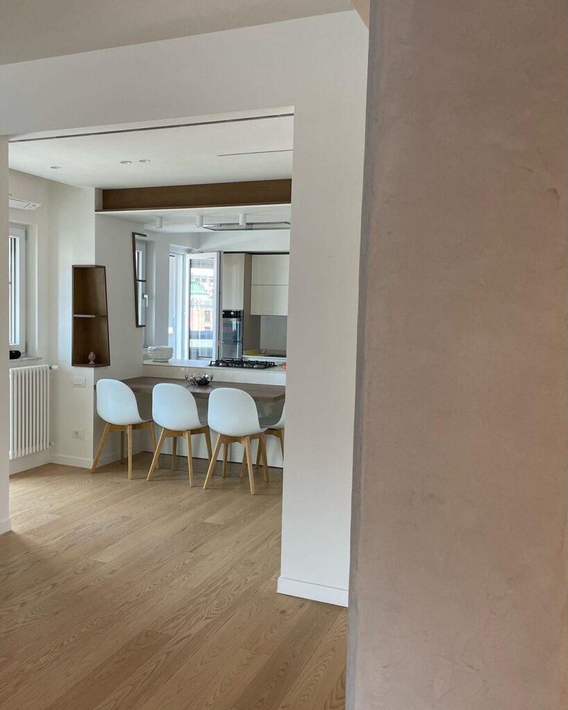 Cucina moderna di Casa R.M. con illuminazione a cilindri a soffitto e faretti incassati, luce uniforme e ambiente funzionale.