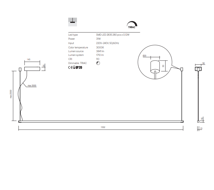 REDO SOSPENSIONE ACROBAT 30W 3000K 1710LM 155CM NERA - immagine 3