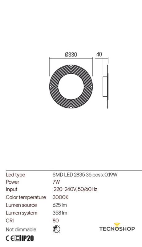REDO APPLIQUE MOD. TATOO D.330 7W 3000K 358LM BIANCO - immagine 2