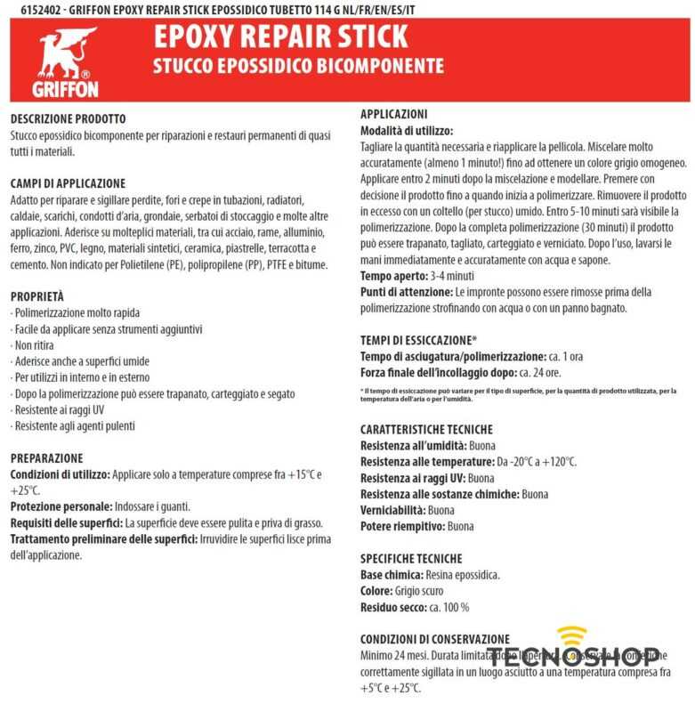 GRIFFON EPOXY REPAIR STICK STUCCO EPOSSIDICO BICOMPONENTE IN TUBETTO 114gr - immagine 2