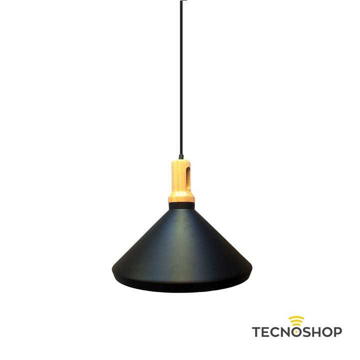 SOSPENSIONE NERA CON FINITURA IN LEGNO MODERNO E PORTALAMPADA E27