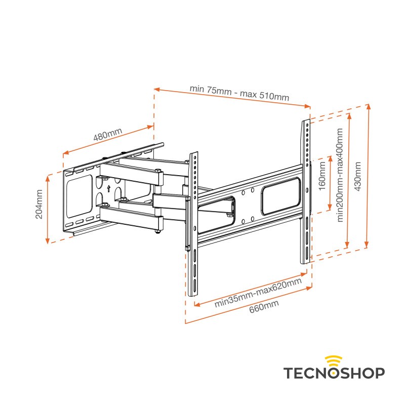 METRONIC SUPPORTO TV A PARETE DOPPIO BRACCIO DA 55'' A 70'' ORIENTABILE - immagine 2