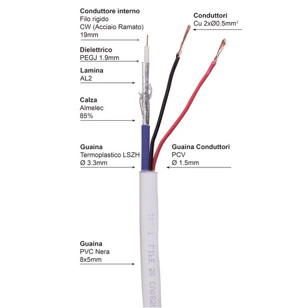 CAVO COMPOSITO 2x0.50 + MINI RG 59 PER TVCC HD BIANCO - immagine 4