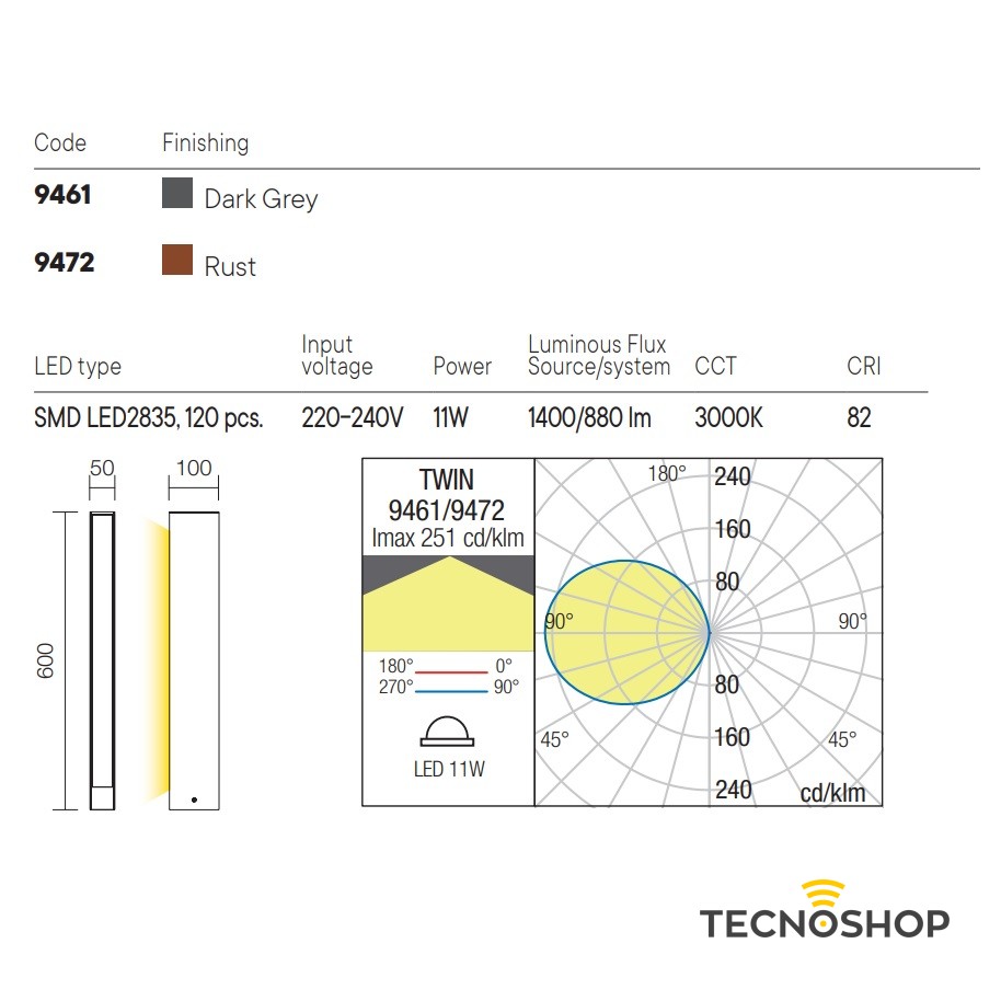 REDO PALETTO LED "TWIN" MONOEMISSIONE H=60cm 11W 3000K GRIGIO - immagine 2