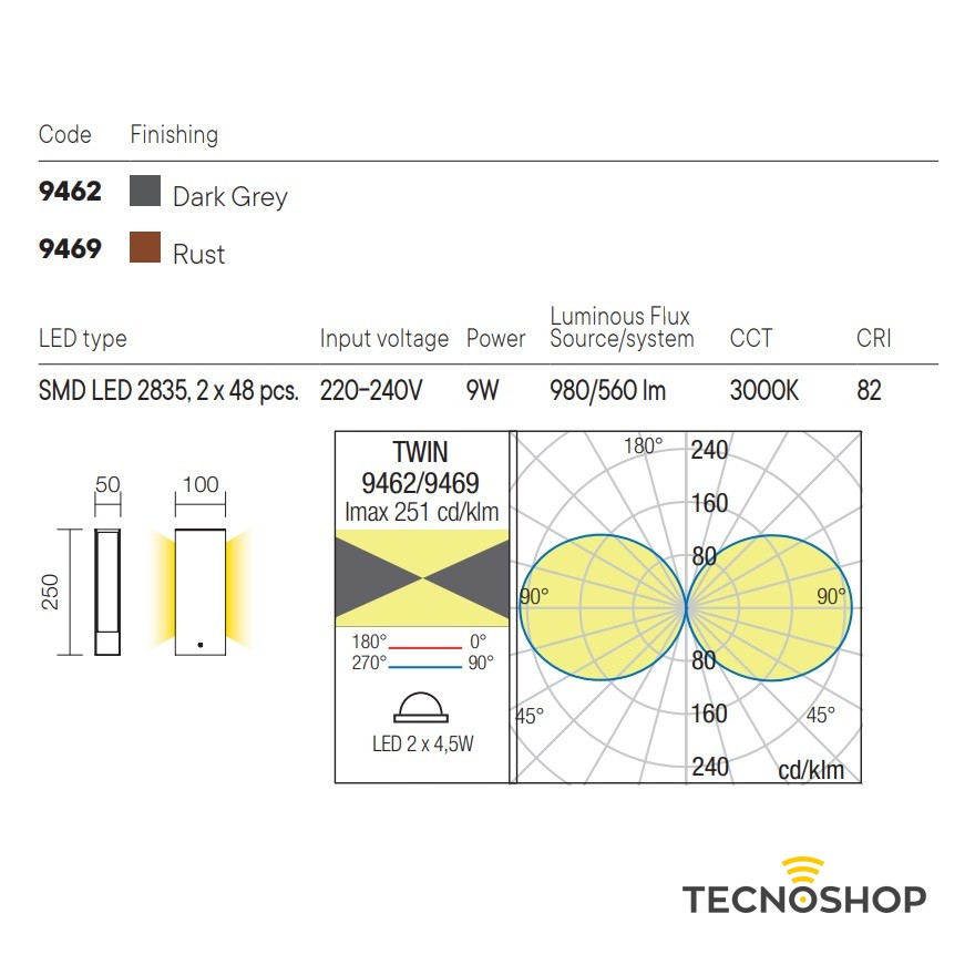 REDO PALETTO LED "TWIN" BIEMISSIONE H=25cm 9W 3000K RUGGINE - immagine 3