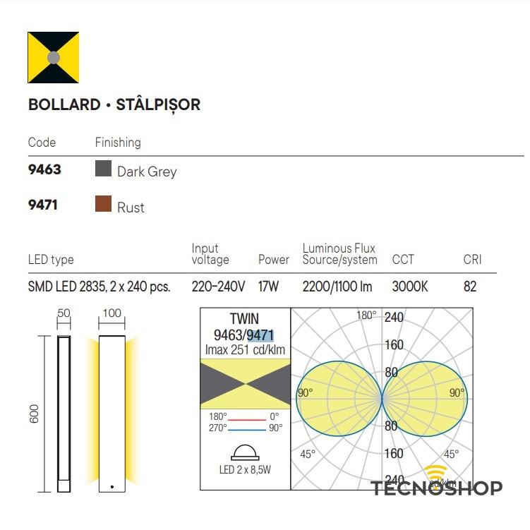 REDO PALETTO LED "TWIN" BIEMISSIONE H=60cm 17W 3000K MARRONE - immagine 2
