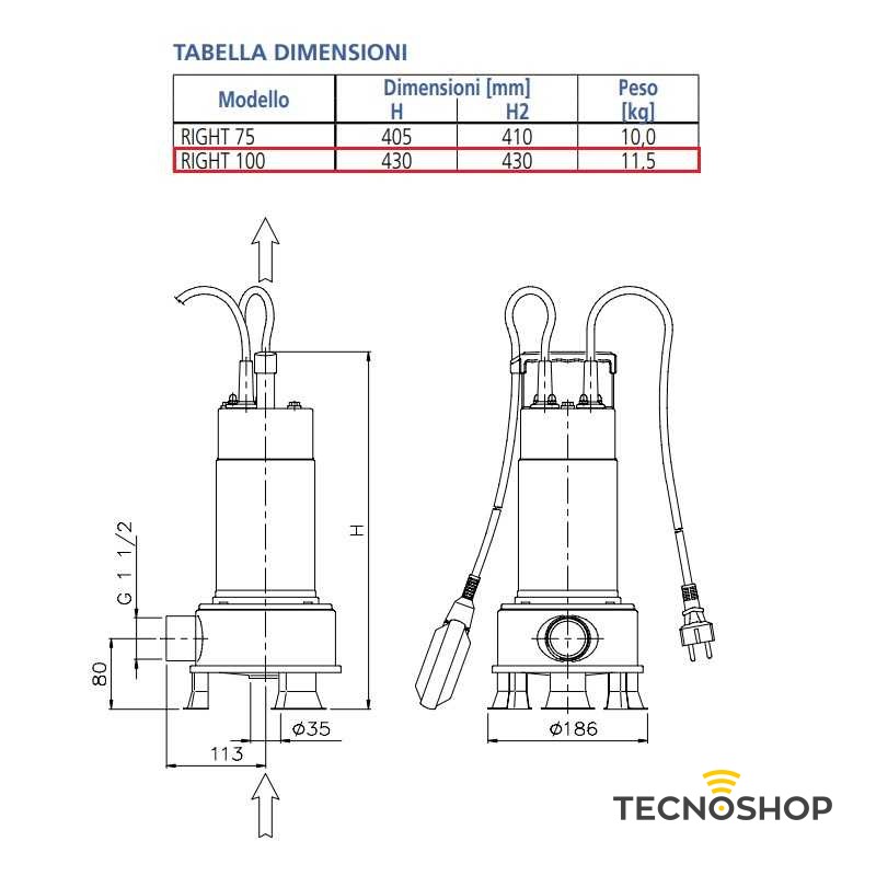 EBARA POMPA PER ACQUE SPORCHE RIGHT DA 1HP MONOFASE - immagine 2