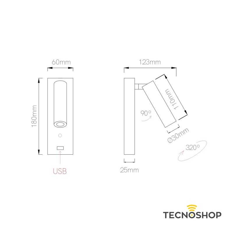 BENEITO APPLIQUE LED "PURE" 4W 2700K 30° + CARICABATTERIE USB - BIANCO - immagine 3