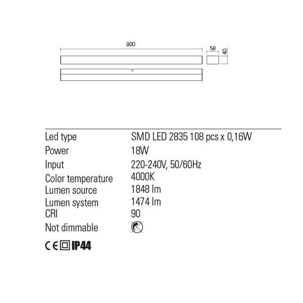 REDO APPLIQUE LED "TASK" 18W 90cm 4000K CROMATO - immagine 3