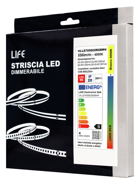 LIFE STRISCIA LED COB 24V RGB + BIANCO NATURALE 4000K 15W/M – 556 LM/M – BOBINA 5 METRI - immagine 2