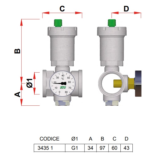 FAR RACCORDO COLLEGAMENTO 1" CON VALVOLA SFOGO ARIA TERMOMETRO E TAPPO - immagine 3