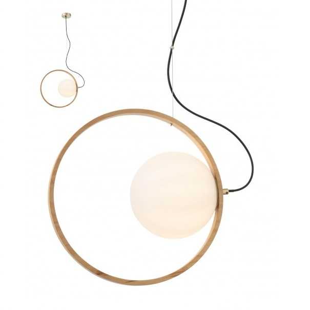 REDO SOSPENSIONE "KLEIDI" 1XE27 D.39CM IN LEGNO NATURALE E VETRO BIANCO OPALE - immagine 2