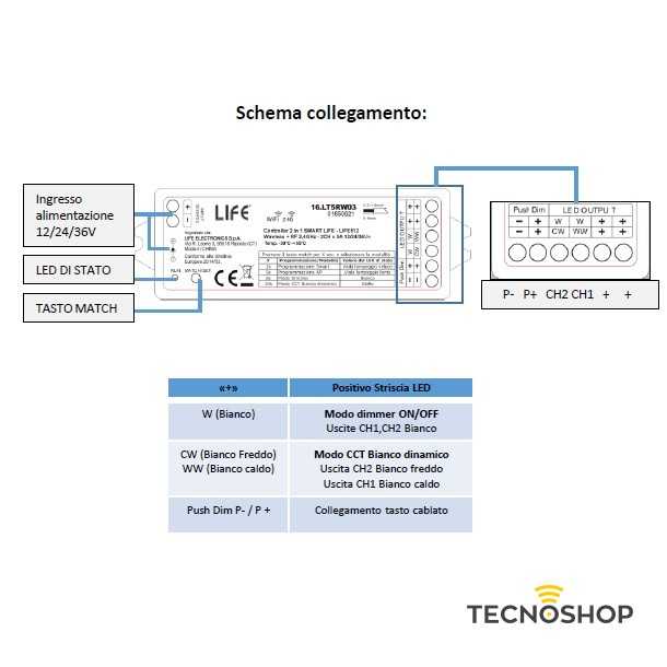 CONTROLLER WIRELESS ON/OFF+DIMMER+CCT ANDROID/IOS A 2 CANALI - immagine 2