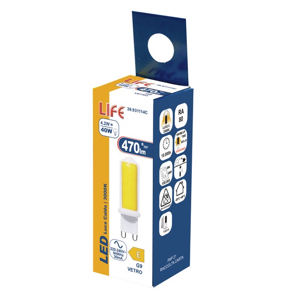 LIFE LAMPADA LED CORPO IN VETRO G9 4,2W 3000K 470lm - immagine 2