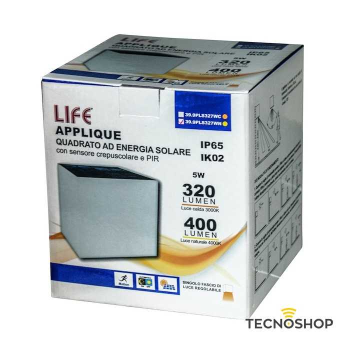 LIFE APPLIQUE LED CON PANNELLO SOLARE E SENSORE 5W 4000K BIANCO - immagine 4