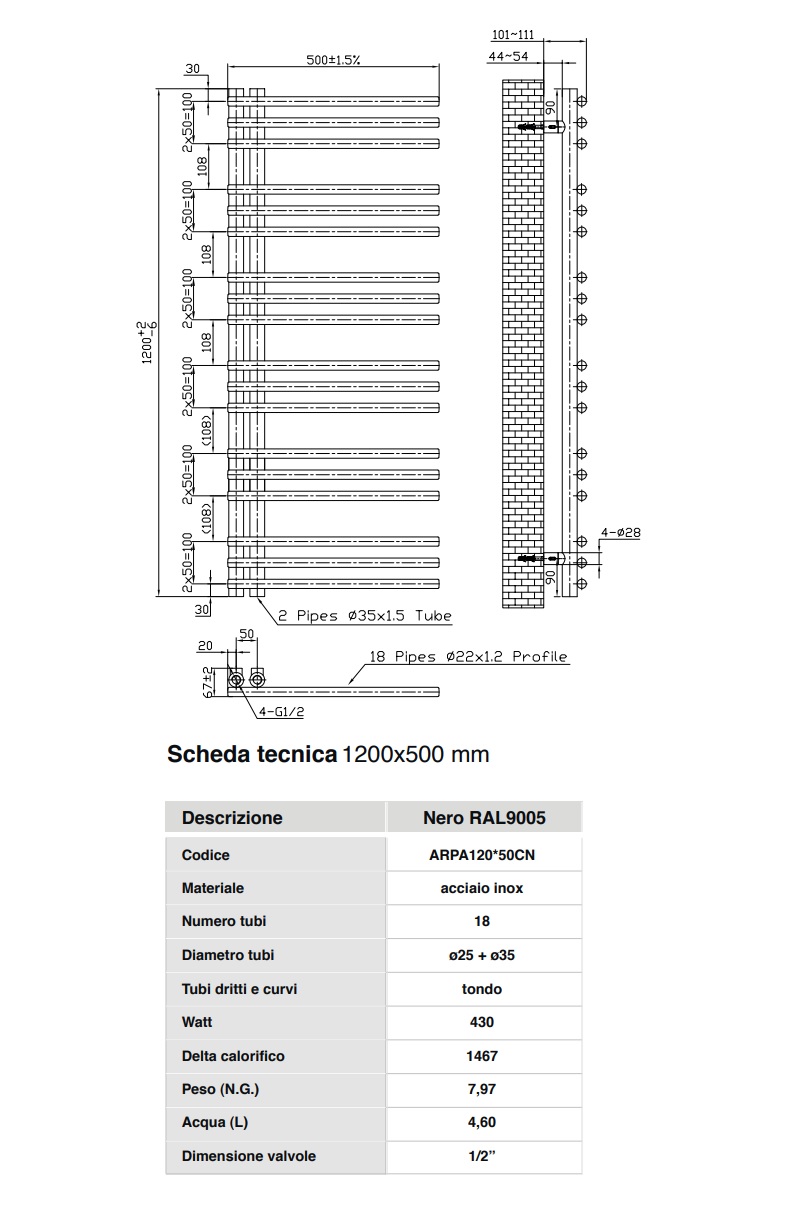MAGMA SCALDASALVIETTE NERO OPACO 1200×500mm MODELLO ARPA INTERASSE 50 mm - immagine 3