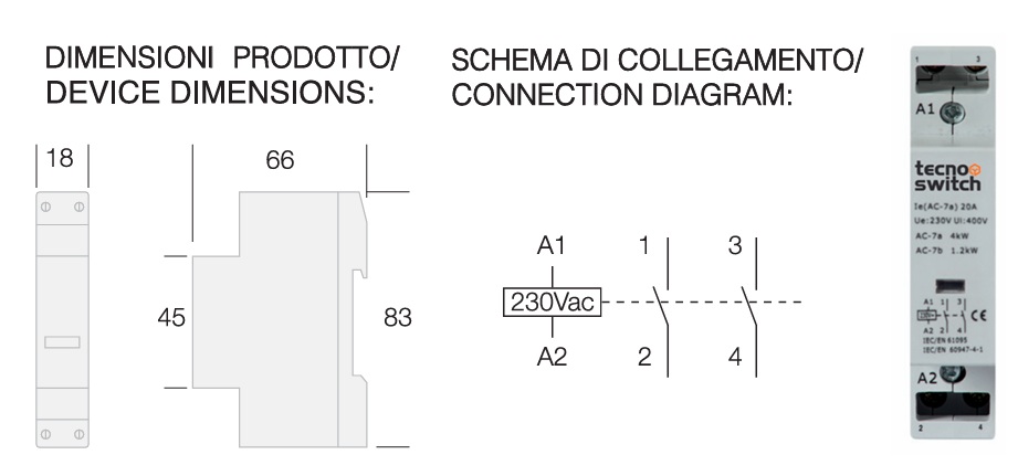 TECNOSWITCH CONTATTORE MODULARE 20A 2NA 230Vac - immagine 2