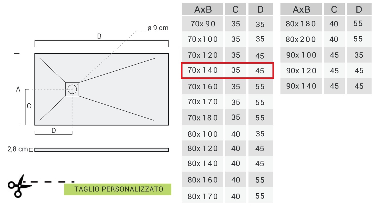PIATTO DOCCIA RETTANGOLARE 70x140cm IN MARMORESINA BIANCO MODELLO STONE FREE H.2,8mm - immagine 3