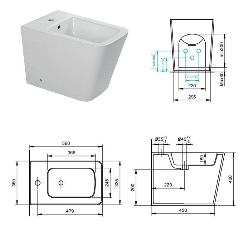 BIDET A TERRA FILO PARETE IN CERAMICA BIANCA SERIE PLUMA - immagine 4