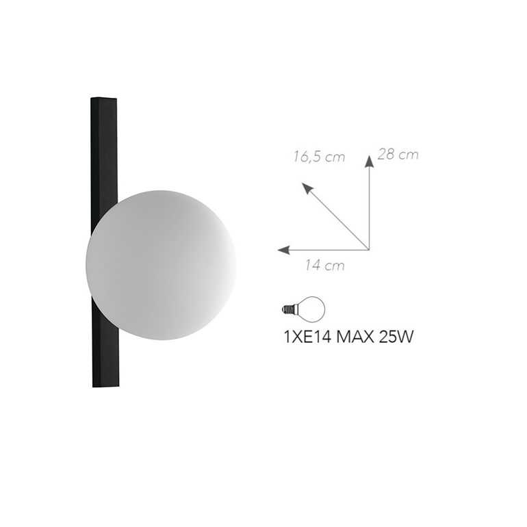 INTEC APPLIQUE "ENOIRE" 1xE14 NERO MATTO CON SFERA VETRO SATINATO - immagine 2