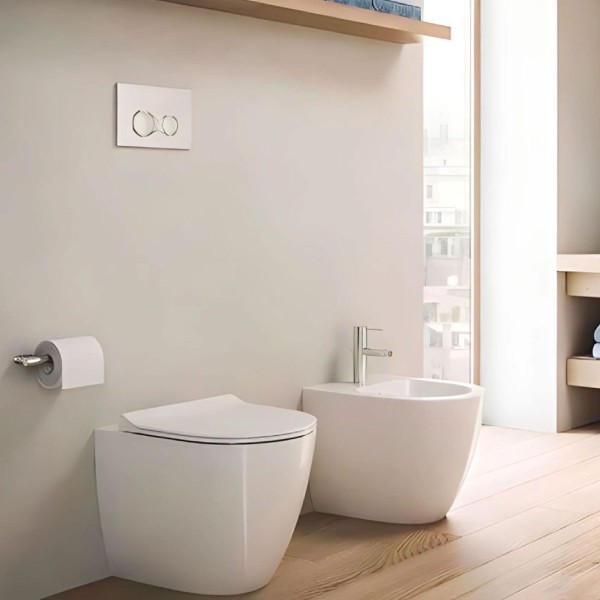 VASO WC A TERRA FILO PARETE IN CERAMICA BIANCA SERIE SENTO SENZA BRIDA - immagine 3