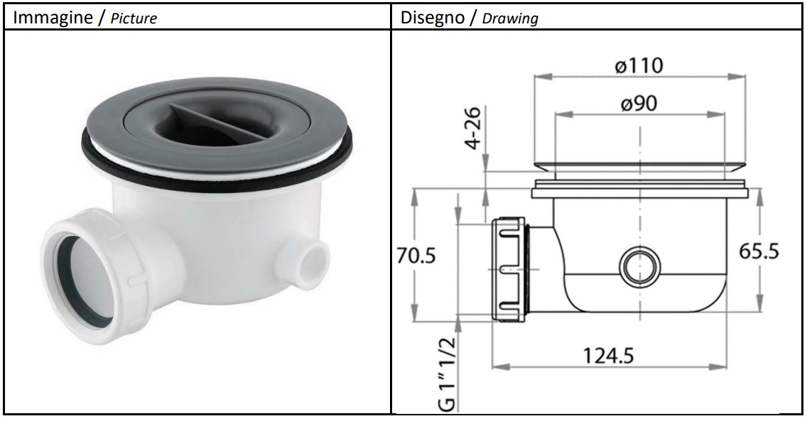 PILETTA SCARICO SIFONATA RIBASSATA ISPEZIONABILE SENZA TAPPO H.70 mm - immagine 2