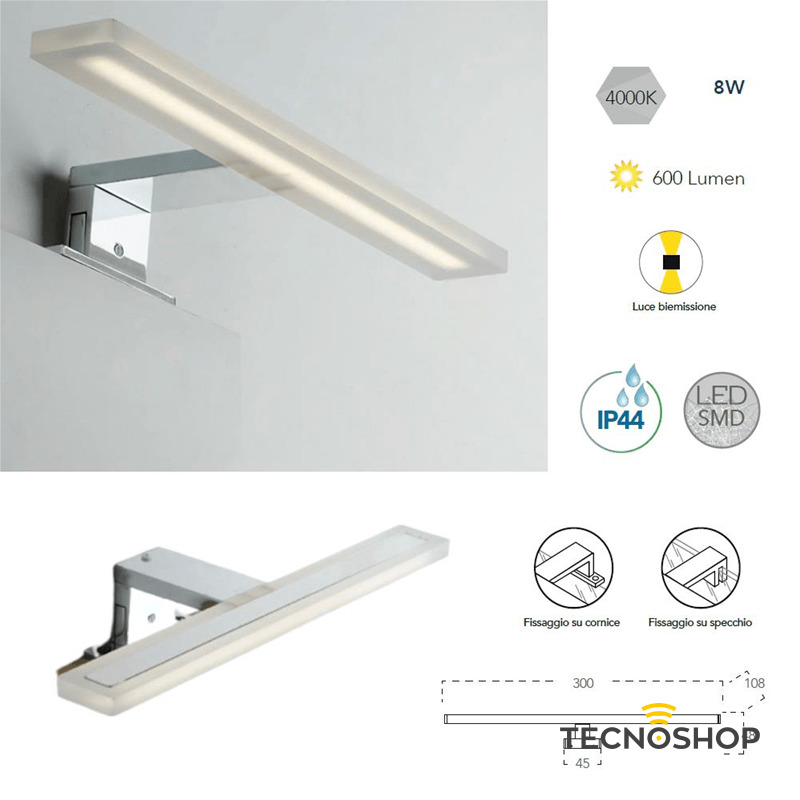 INTEC APPLIQUE LED DA SPECCHIO "AQA" 8W 4000K L=30cm CROMATO - immagine 4