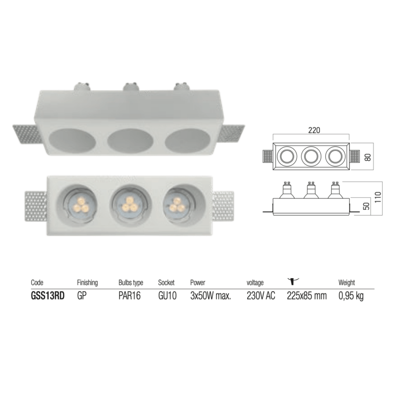 REDO "XGESS" MINI FARETTO 3 LUCI RASO SOFFITTO GU10 225X85 MM - immagine 2