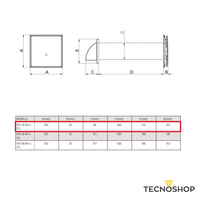 TECNOSYSTEMI ASPIRATORE-ESTRATTORE CON RECUPERATORE DI CALORE PICO HP2 30 WI-C-CO2 - immagine 3
