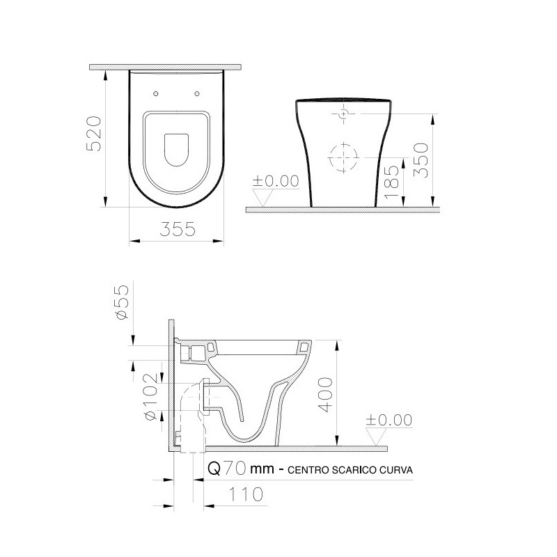 VASO WC A TERRA FILO PARETE IN CERAMICA BIANCA SERIE ZENTRUM - immagine 2