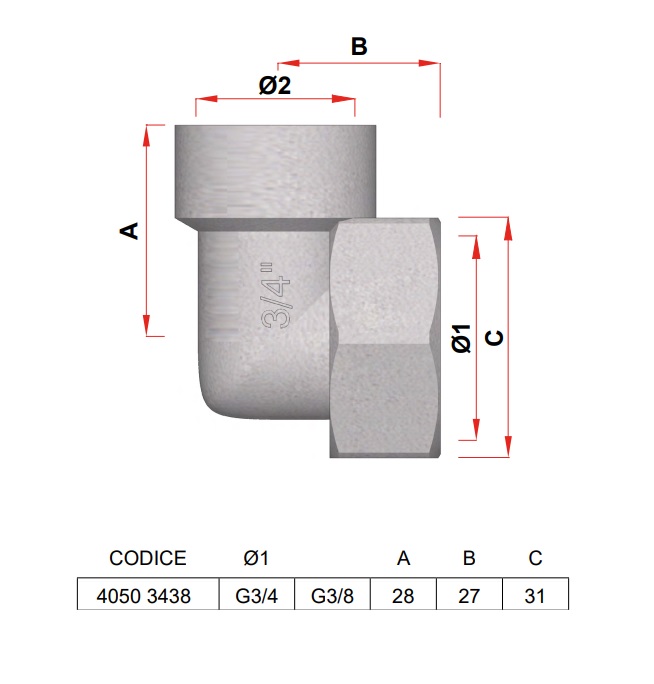FAR RACCORDO TERMINALE A SQUADRA 3/4"x3/8" PER COLLETTORE - immagine 2