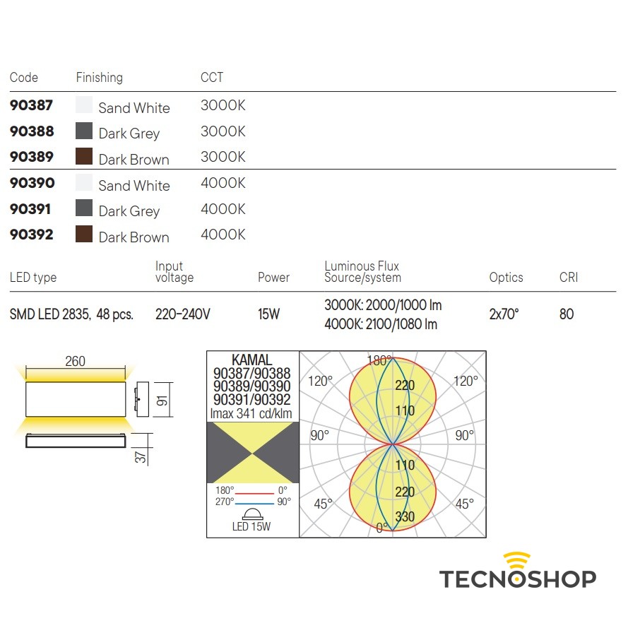 REDO APPLIQUE LED "KAMAL" 15W 4000K 260x91x37mm CON FINITURA BIANCA - immagine 3