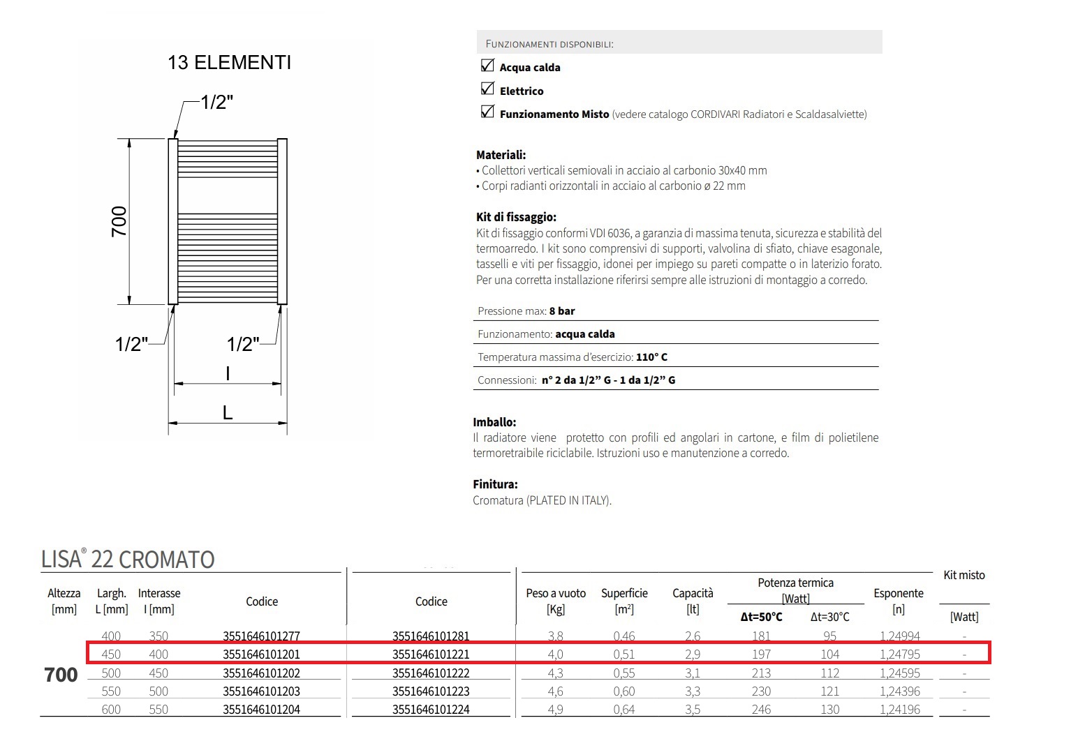 CORDIVARI SCALDASALVIETTE LISA 22 CROMATO 700×450mm INTERASSE 400 mm - immagine 3