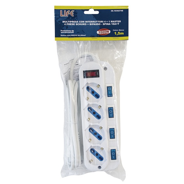LIFE MULTIPRESA CON 4 PRESE 3500W CON INTERRUTTORI SINGOLI E CAVO 1.5mt - immagine 2