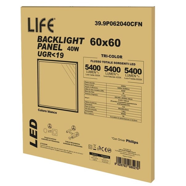 LIFE PANNELLO LED 60x60cm PRISMATICO 40W 4200lm TRICOLOR - immagine 3