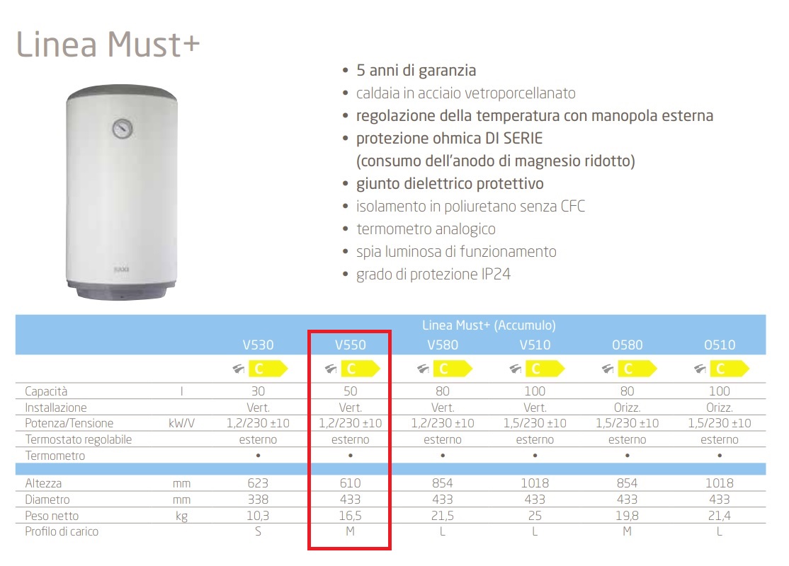 BAXI SCALDABAGNO ELETTRICO VERTICALE MUST+ V550 50LT CON 5 ANNI DI GARANZIA - immagine 2