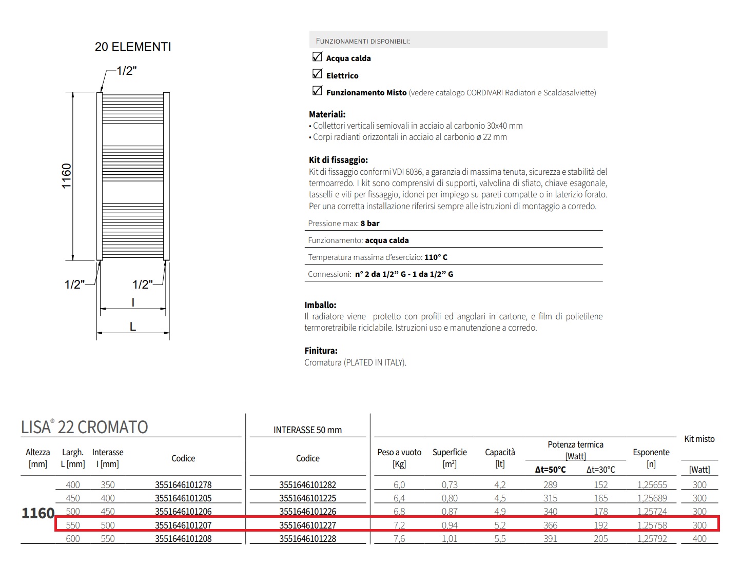 CORDIVARI SCALDASALVIETTE LISA 22 CROMATO 1160×550mm INTERASSE 500 mm - immagine 3