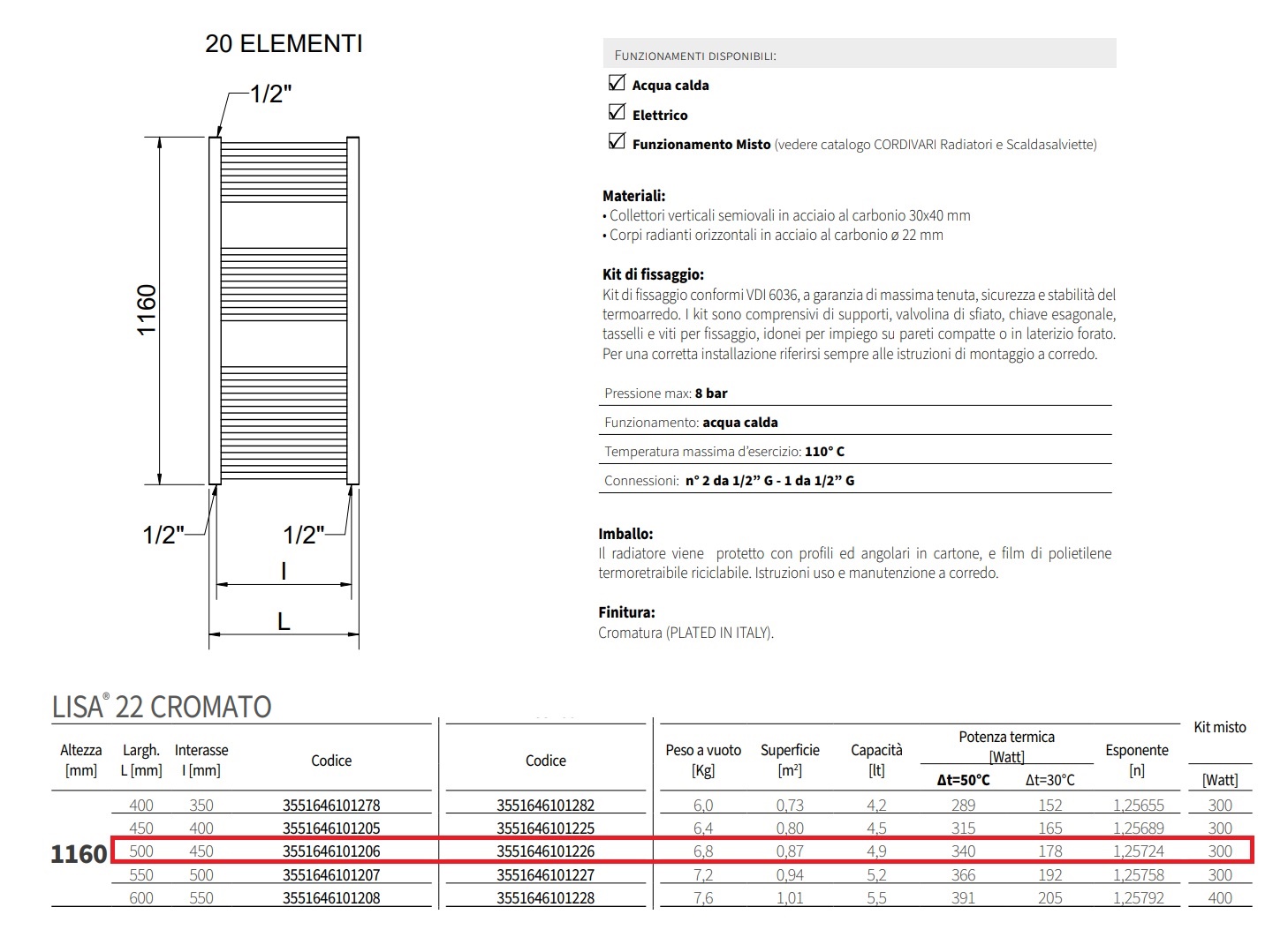 CORDIVARI SCALDASALVIETTE LISA 22 CROMATO 1160×500mm INTERASSE 450 mm - immagine 3