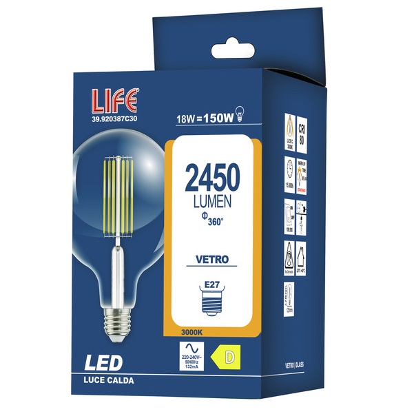 LIFE LAMPADA LED GLOBO G125 A FILAMENTO E27 18W 3000K 2450LM VETRO TRASPARENTE - immagine 3
