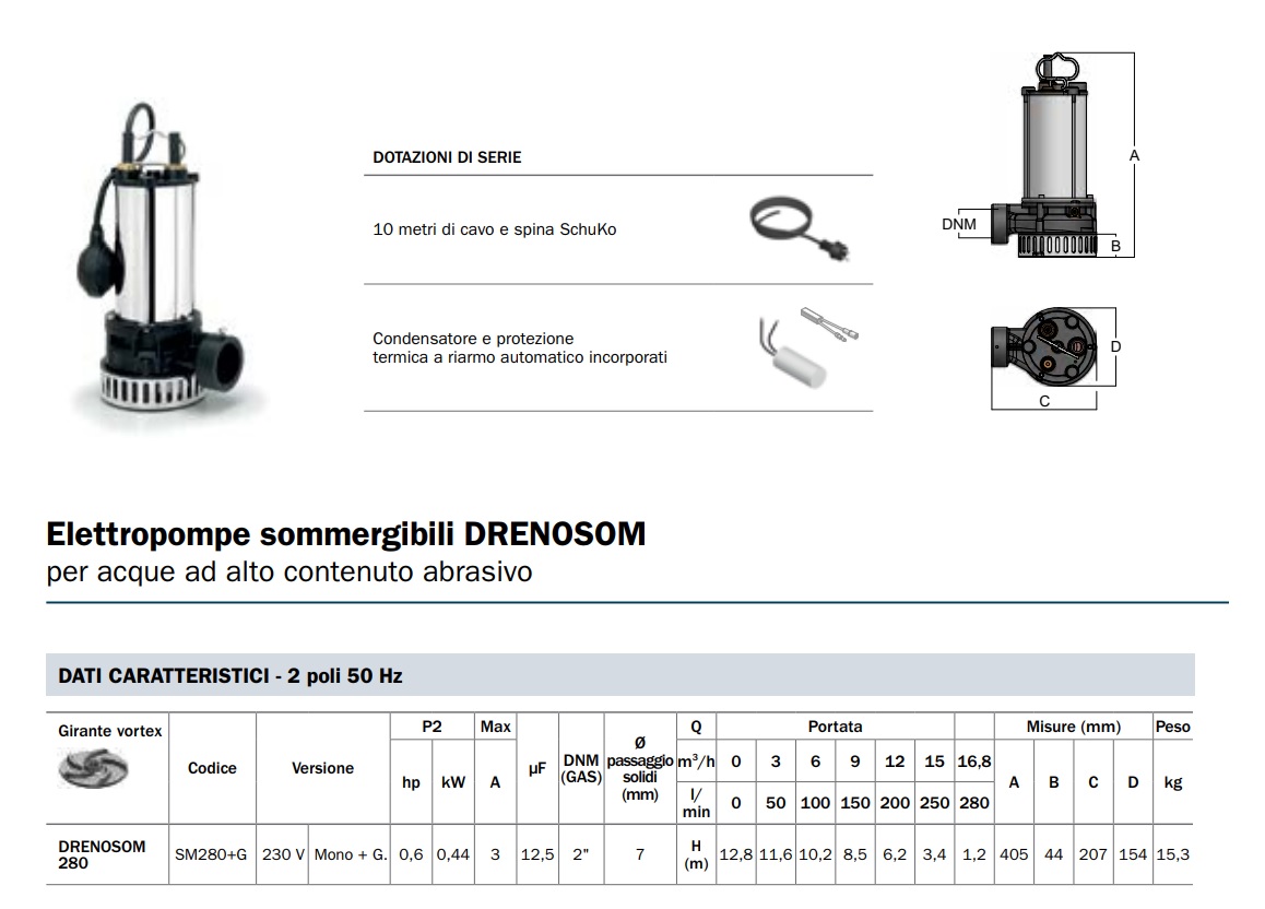 BBC ELETTROPOMPA SOMMERSA DOMOSOM 280+G PER ACQUE REFLUE 230V 0,6HP - immagine 2