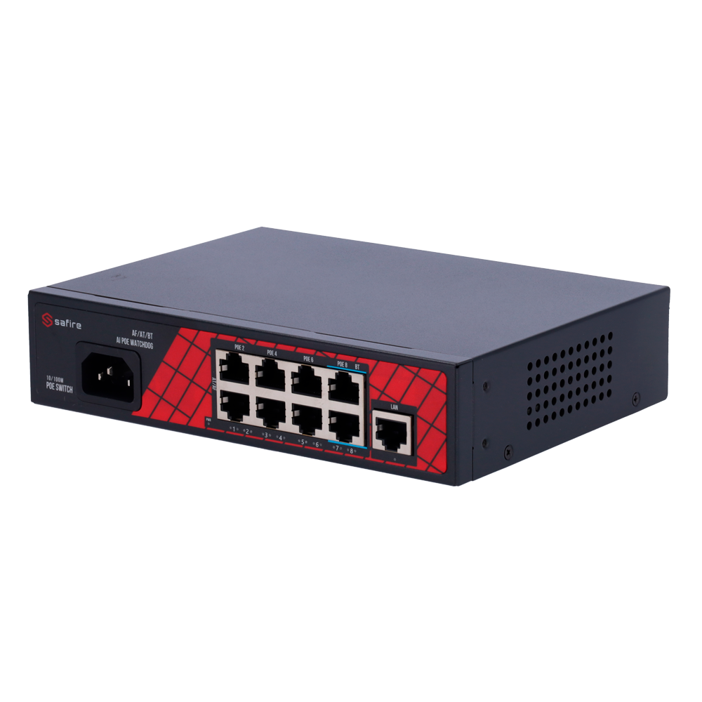 SAFIRE SWITCH POE 8 PORTE CON UPLINK GIGABIT E SFP – 120W CON AI WATCHDOG FINO A 250m - immagine 2