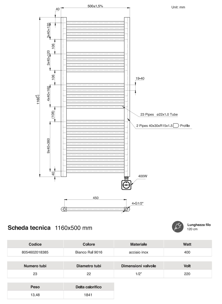 MAGMA SCALDASALVIETTE ELETTRICO BIANCO 1160×500mm MODELLO SILVIA - immagine 3