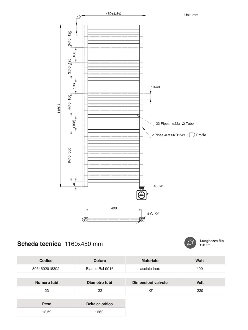 MAGMA SCALDASALVIETTE ELETTRICO BIANCO 1160×450mm MODELLO SILVIA - immagine 3