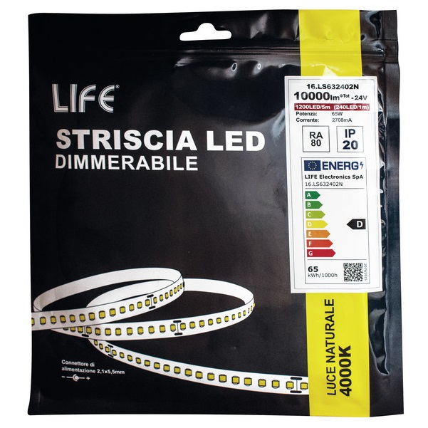 LIFE STRISCIA LED 240LED/M 24V 13W/M 4000K CRI80 IP20 – 2000 LM/M – BOBINA 5 METRI - immagine 2
