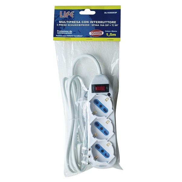 LIFE MULTIPRESA CON 3 PRESE 3500W CON INTERRUTTORE E CAVO 1.5mt - immagine 2
